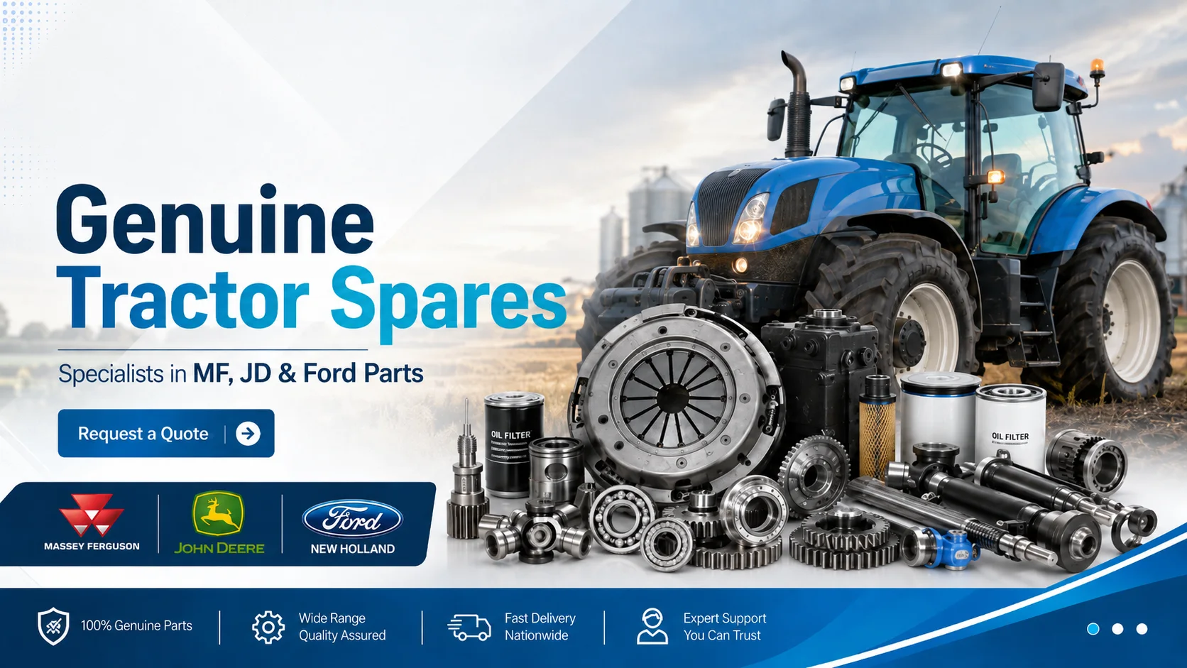Genuine tractor spares including gears, bearings, filters, shafts and clutch components
